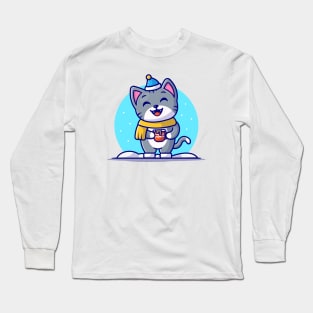 Cute Cat Holding Coffee In Snow Cartoon Vector Icon Illustration Long Sleeve T-Shirt